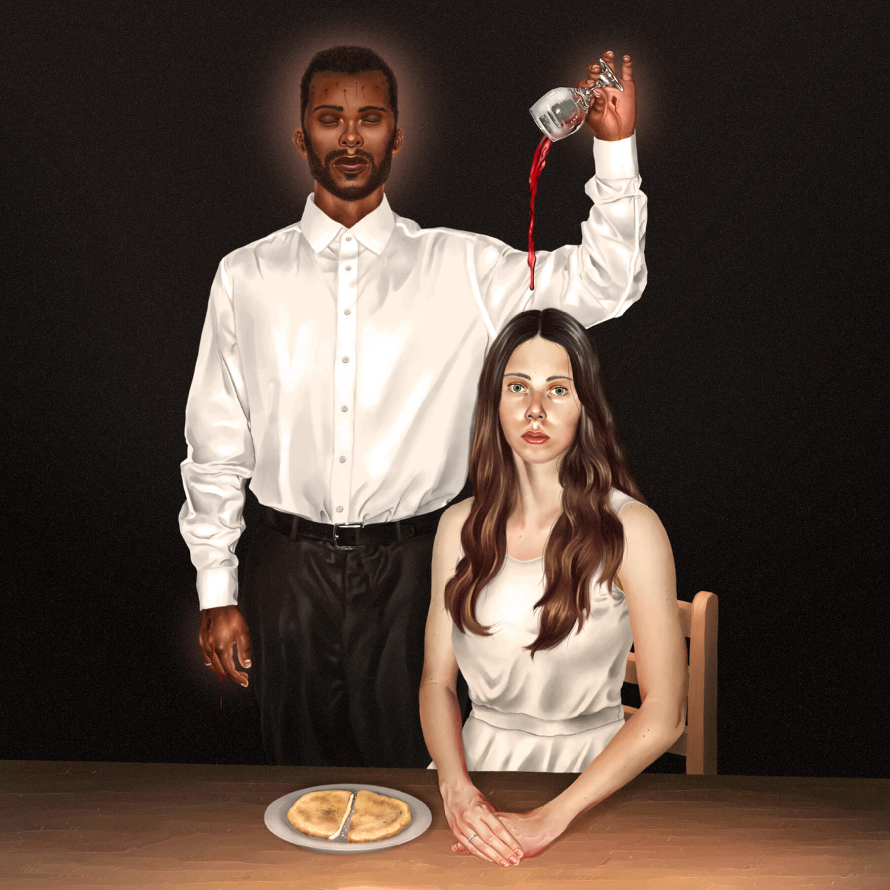 Pintura digital realista representando Cristo e a igreja. Capa do EP "O Banquete" da banda O Bairro Novo