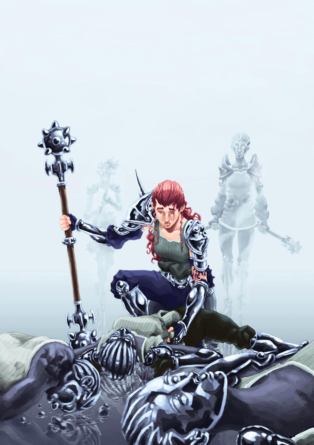 Concept Art de uma guerreira ferida lutando contra seus clones no meio do nada