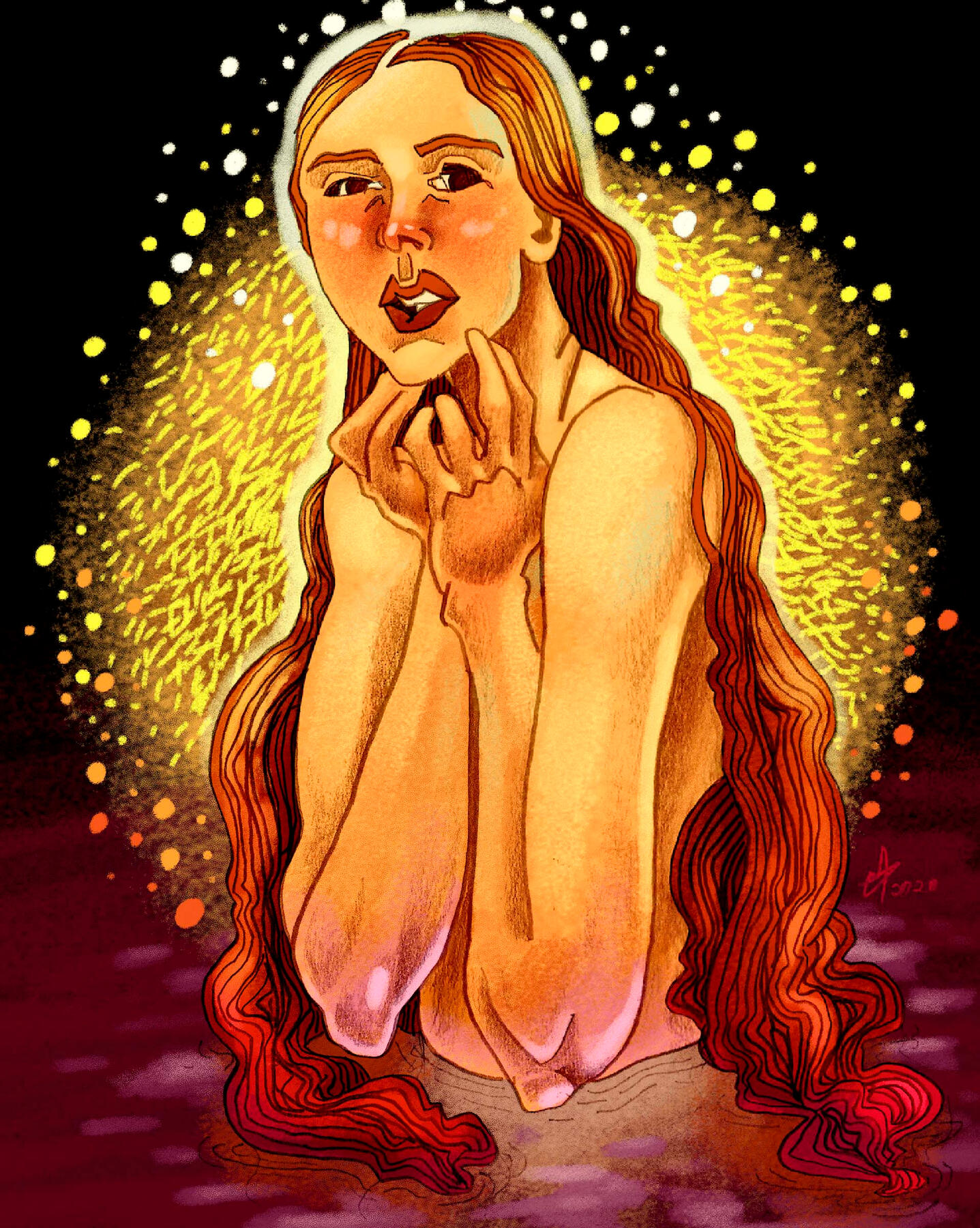 Ilustração de uma moça brilhante saindo de um lago escuro, homenagem à Gustav Klimt