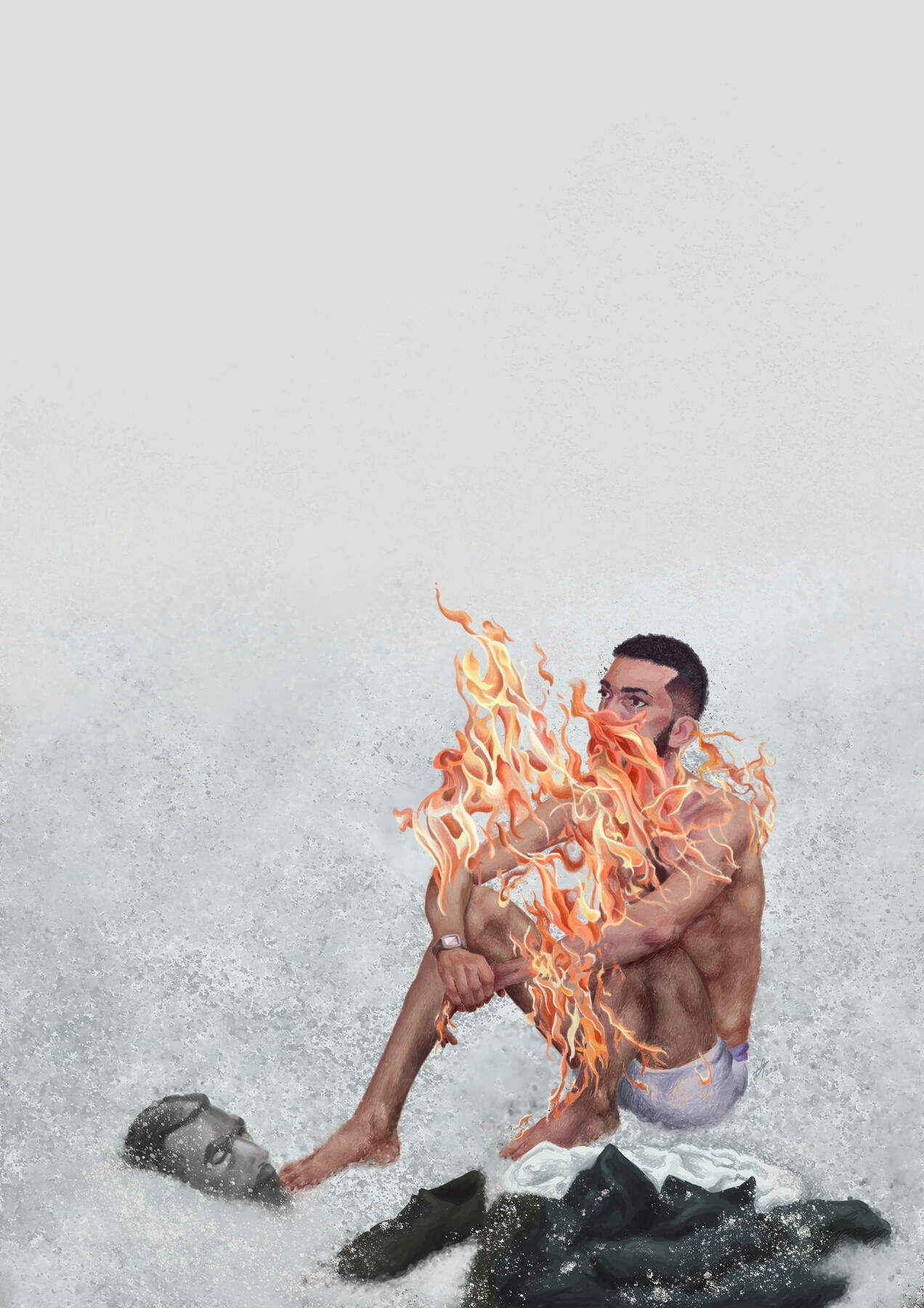 Pintura digital realista, autorretrato de um homem seminu pegando fogo em meio a neve