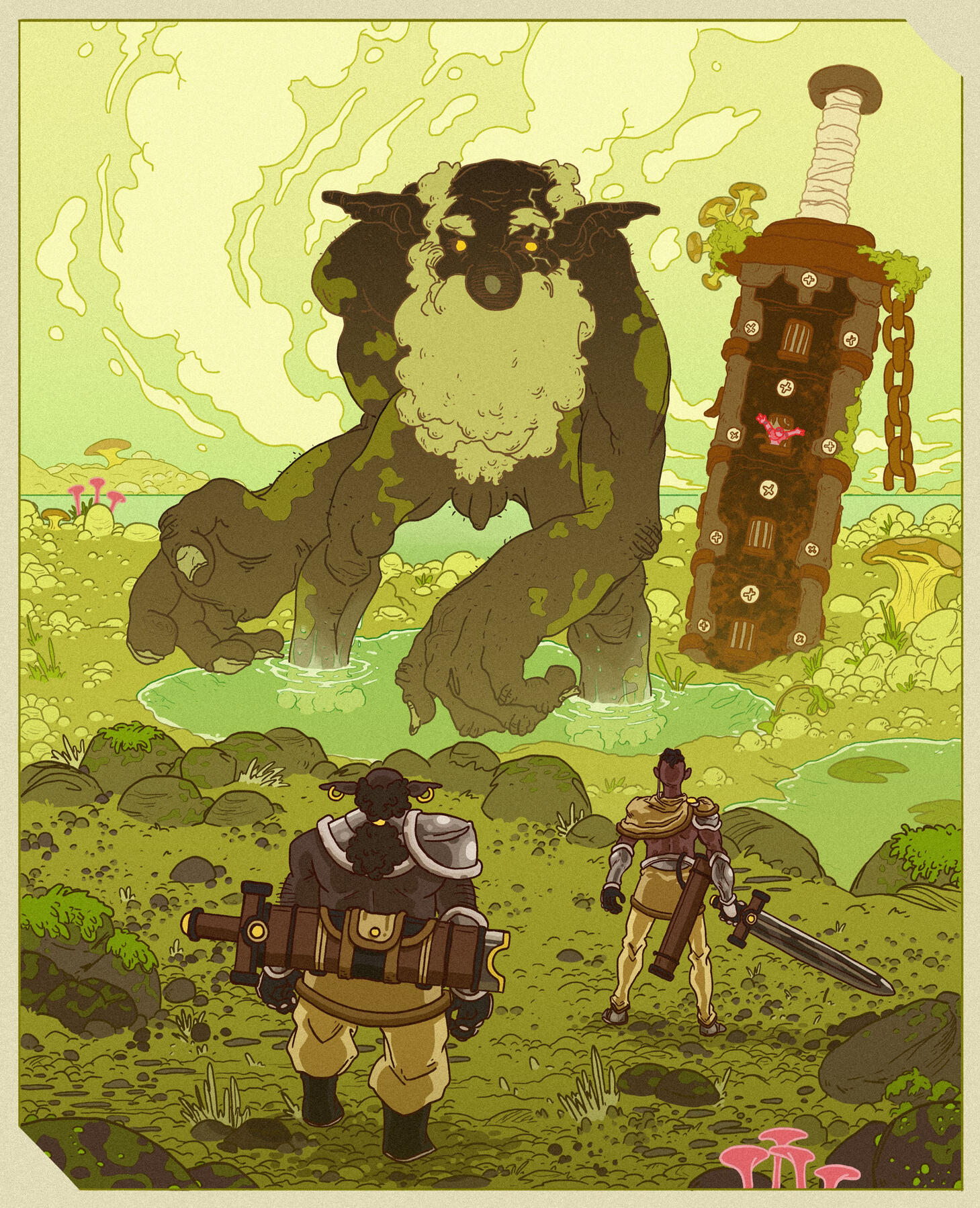 Concept Art de guerreiros prestes a enfrentar um gigante no mundo de Arreth