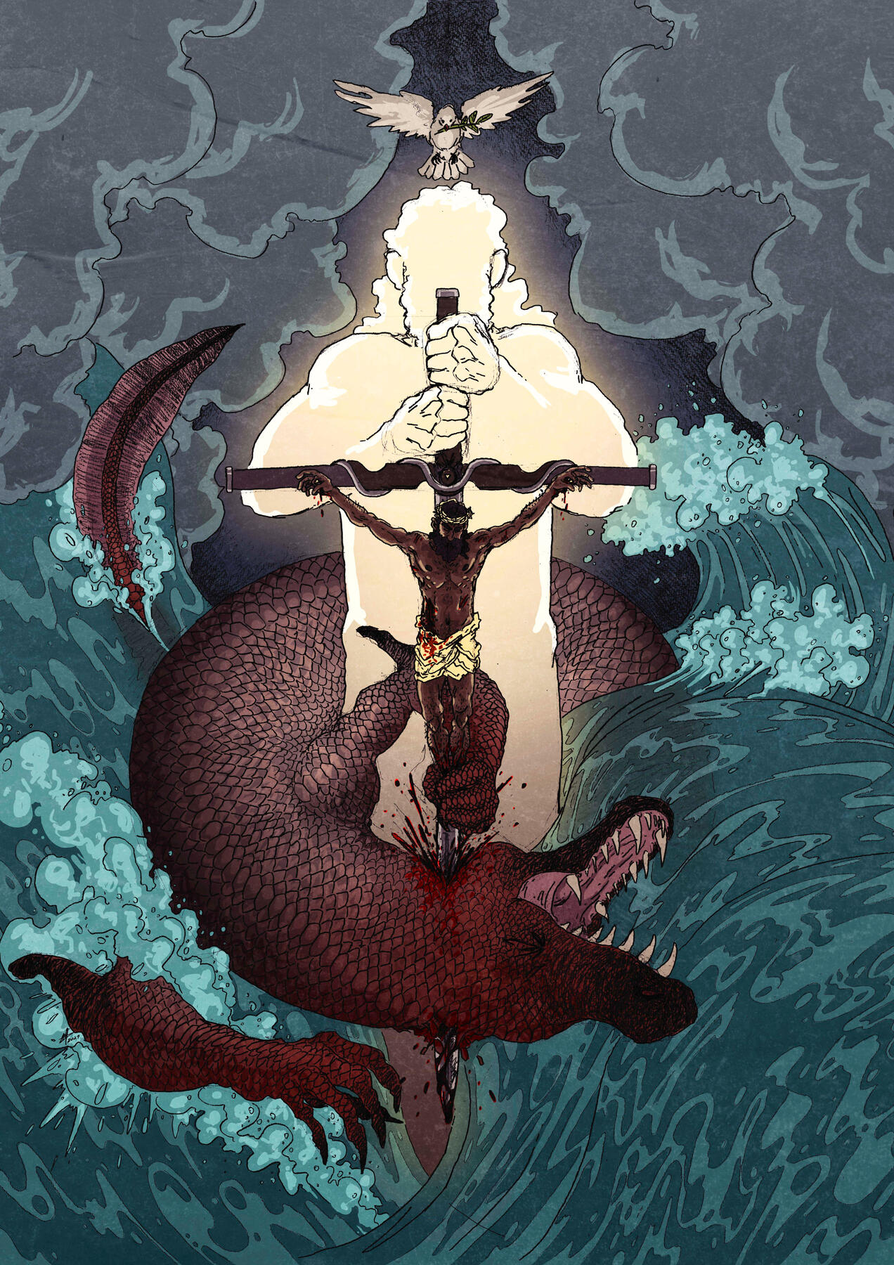 Ilustração da Trindade (Deus, Jesus e o Espírito Santo) vencendo o dragão em um mar caótico