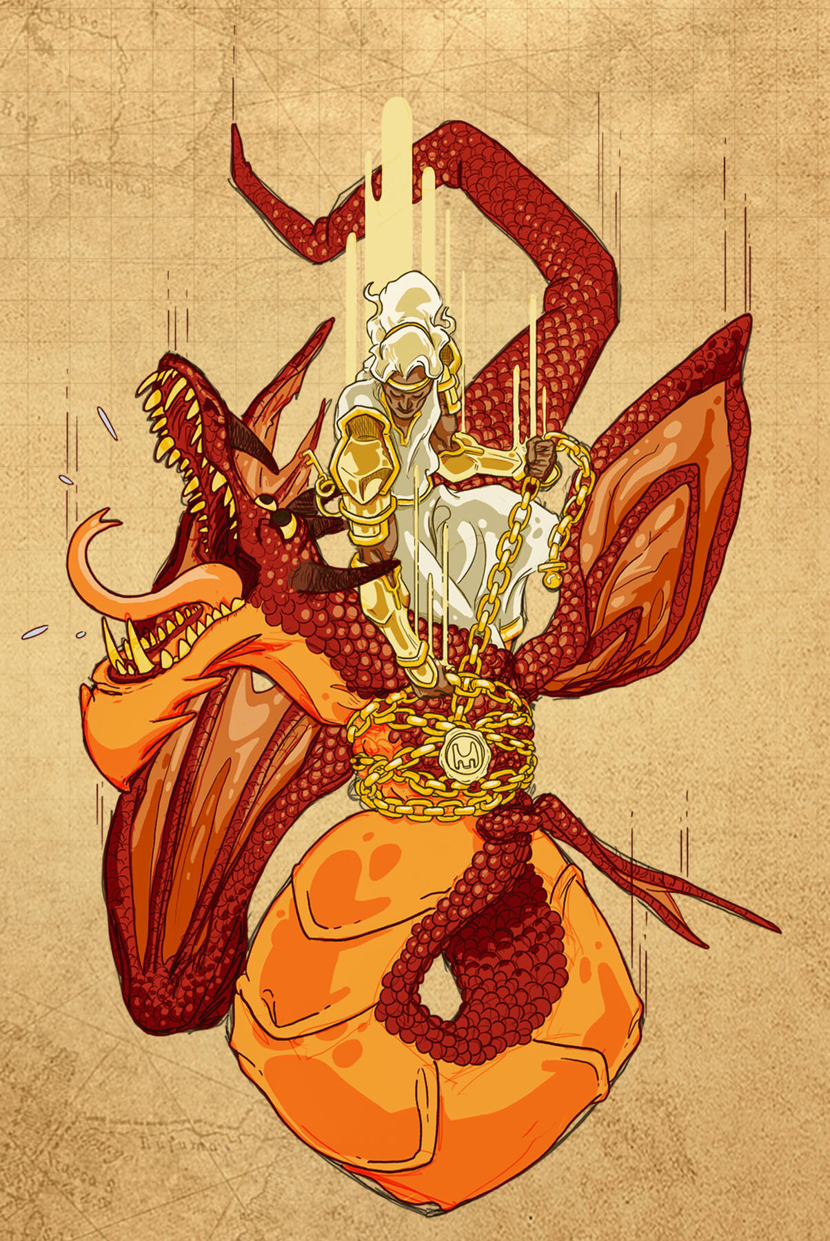 Ilustração bíblica de um anjo do apocalipse acorrentando um dragão