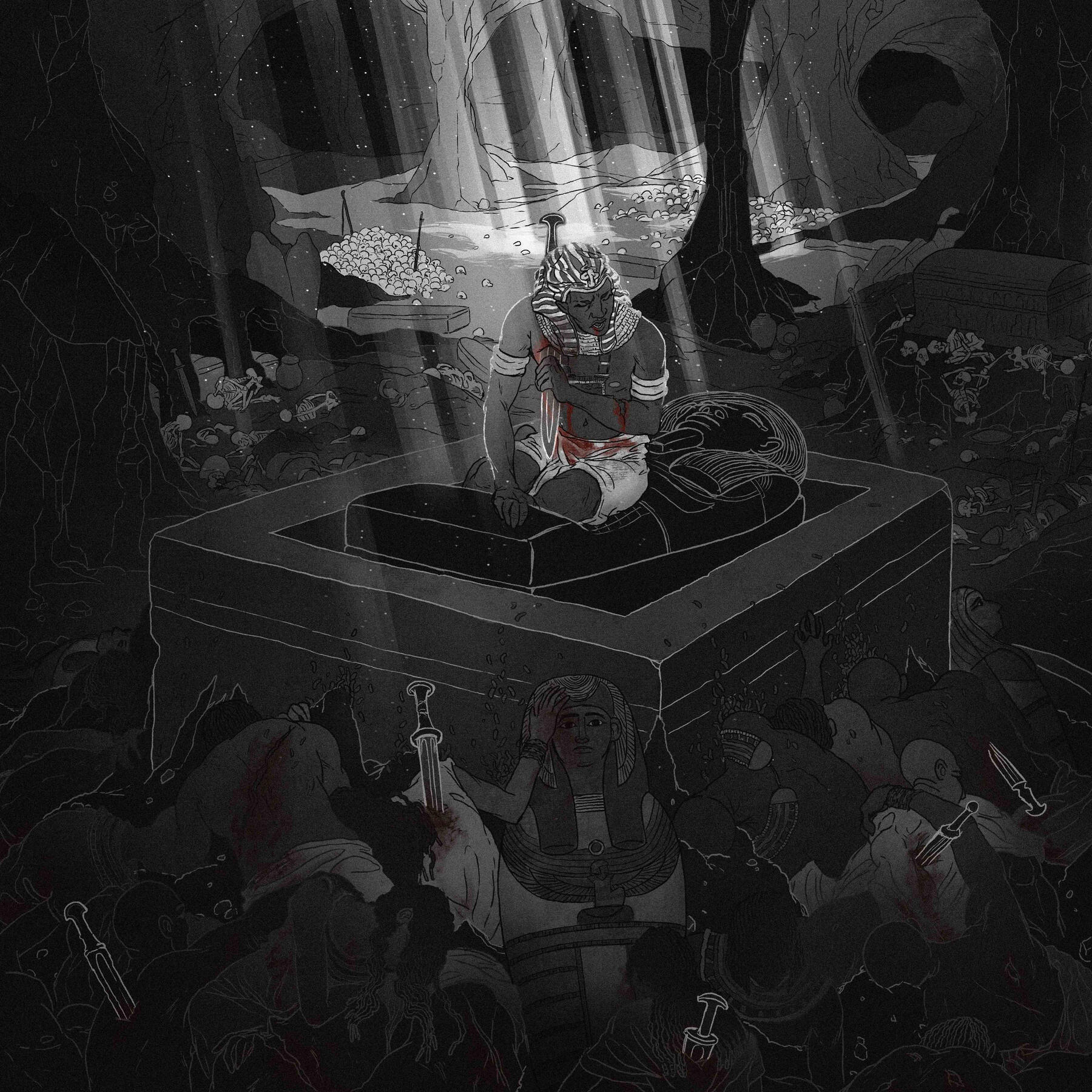 Ilustração bíblica do livro de Ezequiel, onde um faraó se encontra no Sheol com seu povo