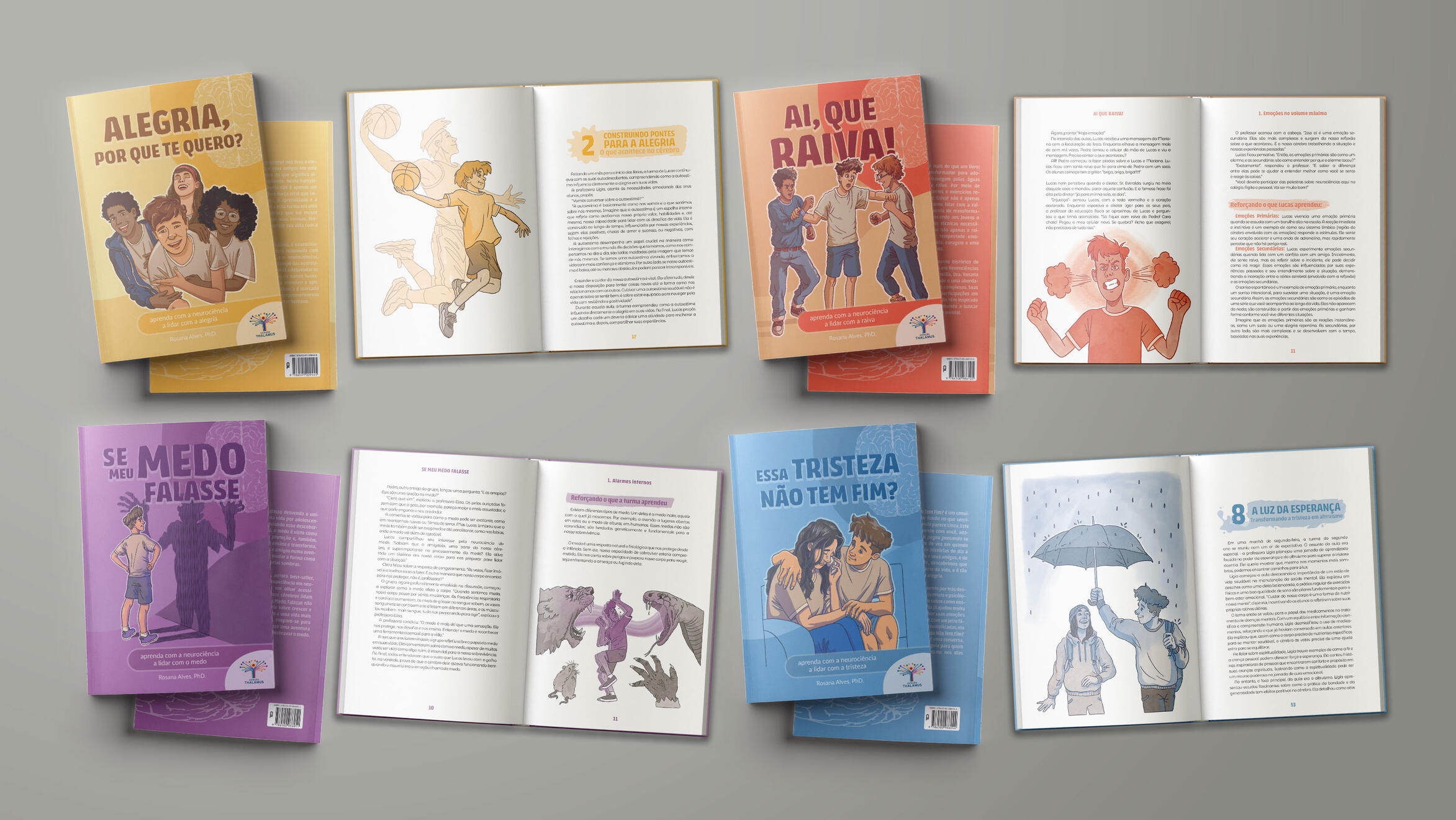 Diagramação de capa e miolo da coleção de livros paradidáticos "Neurociência e Emoções" da PhD Rosana Alves
